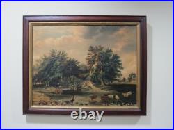 Antique Folk Art Farm Landscape Trees, Cows & Cottage Oil on Canvas Painting