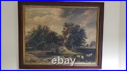 Antique Folk Art Farm Landscape Trees, Cows & Cottage Oil on Canvas Painting