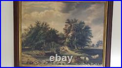 Antique Folk Art Farm Landscape Trees, Cows & Cottage Oil on Canvas Painting