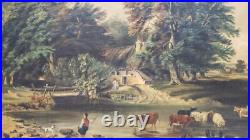 Antique Folk Art Farm Landscape Trees, Cows & Cottage Oil on Canvas Painting