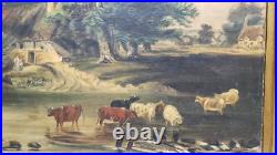 Antique Folk Art Farm Landscape Trees, Cows & Cottage Oil on Canvas Painting
