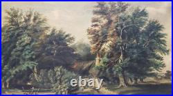 Antique Folk Art Farm Landscape Trees, Cows & Cottage Oil on Canvas Painting