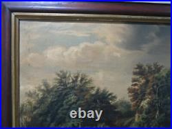 Antique Folk Art Farm Landscape Trees, Cows & Cottage Oil on Canvas Painting