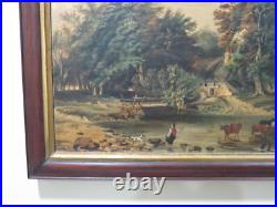 Antique Folk Art Farm Landscape Trees, Cows & Cottage Oil on Canvas Painting