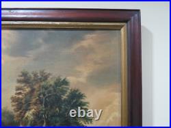 Antique Folk Art Farm Landscape Trees, Cows & Cottage Oil on Canvas Painting