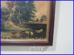 Antique Folk Art Farm Landscape Trees, Cows & Cottage Oil on Canvas Painting