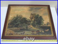 Antique Folk Art Farm Landscape Trees, Cows & Cottage Oil on Canvas Painting