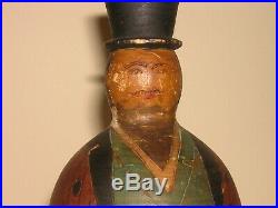 Antique Folk Art Figural Thread String Holder Treen Box Painted Man Top Hat
