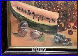 Antique Folk Art Fruit Still Life Oil Painting Watermelon Pineapple Cherry Plum