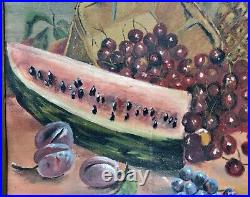 Antique Folk Art Fruit Still Life Oil Painting Watermelon Pineapple Cherry Plum