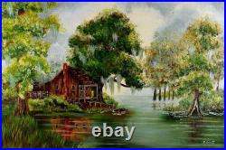 Antique Folk Art Highway Man Style Oil Painting of a Cabin near a Swamp