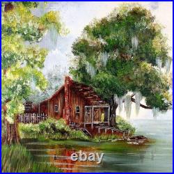Antique Folk Art Highway Man Style Oil Painting of a Cabin near a Swamp