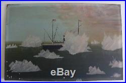 Antique Folk Art Maritime US Flagged Ship Oil Painting Icebergs Great Lakes