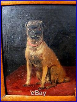 Antique Folk Art Naïve Painting of a Pug Dog 1862