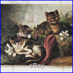 Antique Folk Art Oil Painting Cat & Four Kittens On Canvas- Primitive 1800s WOW