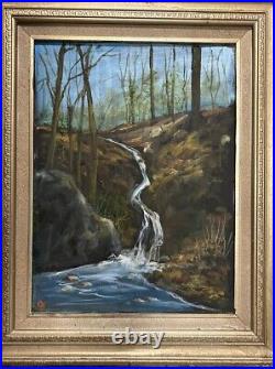 Antique Folk Art Oil Painting FramedOn Canvas Waterfall Swimming Hole Upstate NY