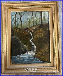 Antique Folk Art Oil Painting FramedOn Canvas Waterfall Swimming Hole Upstate NY