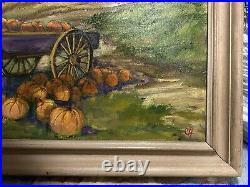 Antique Folk Art Oil Painting Framed On Canvas Upstate NY Pumpkin Patch Farm