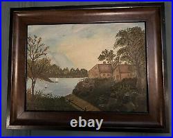 Antique Folk Art Oil Painting, Landscape with House, Lake, Boats
