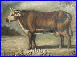 Antique Folk Art Oil Painting Of The Cow