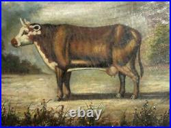 Antique Folk Art Oil Painting Of The Cow