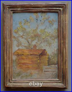 Antique Folk Art Oil Painting Orange Log Cabin By Big Tree Princeton New Jersey Antique Folk Art Oil Painting Orange Log Cabin By Big Tree Princeton New Jersey