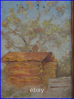 Antique Folk Art Oil Painting Orange Log Cabin By Big Tree Princeton New Jersey Antique Folk Art Oil Painting Orange Log Cabin By Big Tree Princeton New Jersey
