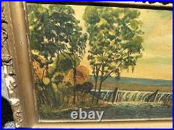 Antique Folk Art Oil Painting Waterfalls Trees Landscape Signed w Original Frame