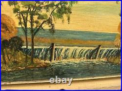 Antique Folk Art Oil Painting Waterfalls Trees Landscape Signed w Original Frame