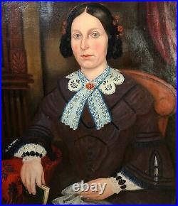Antique Folk Art Oil Portrait Painting American Woman Southern Lady 19th century