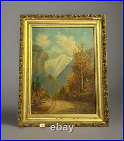 Antique Folk Art Oil on Board Landscape Painting Franconia Notch New Hampshire
