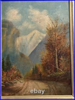 Antique Folk Art Oil on Board Landscape Painting Franconia Notch New Hampshire