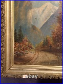 Antique Folk Art Oil on Board Landscape Painting Franconia Notch New Hampshire