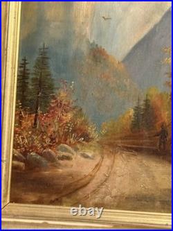Antique Folk Art Oil on Board Landscape Painting Franconia Notch New Hampshire