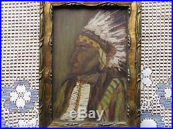 Antique Folk Art Oil on Board Native American Portrait