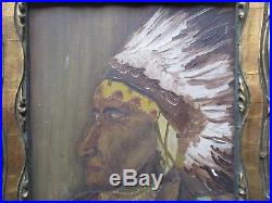 Antique Folk Art Oil on Board Native American Portrait