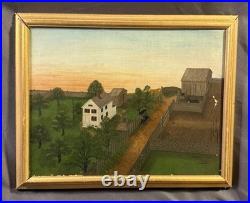 Antique Folk Art Oil on Canvas Landscape Painting Farm House with Horse & Carriage