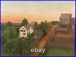 Antique Folk Art Oil on Canvas Landscape Painting Farm House with Horse & Carriage