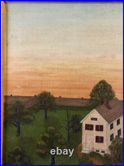 Antique Folk Art Oil on Canvas Landscape Painting Farm House with Horse & Carriage
