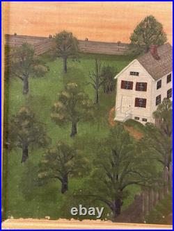 Antique Folk Art Oil on Canvas Landscape Painting Farm House with Horse & Carriage