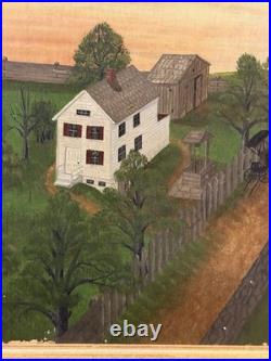 Antique Folk Art Oil on Canvas Landscape Painting Farm House with Horse & Carriage