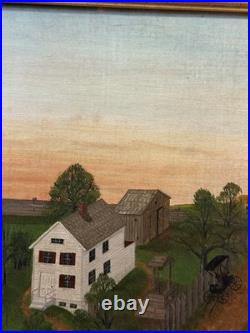 Antique Folk Art Oil on Canvas Landscape Painting Farm House with Horse & Carriage