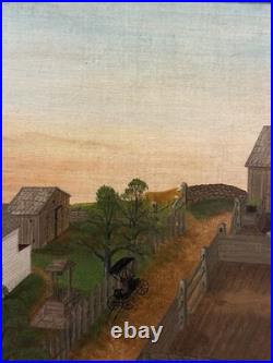 Antique Folk Art Oil on Canvas Landscape Painting Farm House with Horse & Carriage