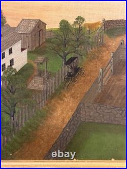 Antique Folk Art Oil on Canvas Landscape Painting Farm House with Horse & Carriage