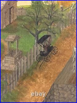 Antique Folk Art Oil on Canvas Landscape Painting Farm House with Horse & Carriage