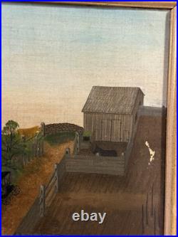 Antique Folk Art Oil on Canvas Landscape Painting Farm House with Horse & Carriage