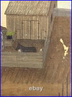 Antique Folk Art Oil on Canvas Landscape Painting Farm House with Horse & Carriage