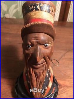 Antique Folk Art Paint Uncle Sam Patriotic Hand Carved Wood Head Pipe Glass Eyes