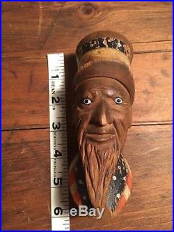Antique Folk Art Paint Uncle Sam Patriotic Hand Carved Wood Head Pipe Glass Eyes