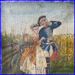 Antique Folk Art Painting American Revolutionary War 18th Century Soldier Woman